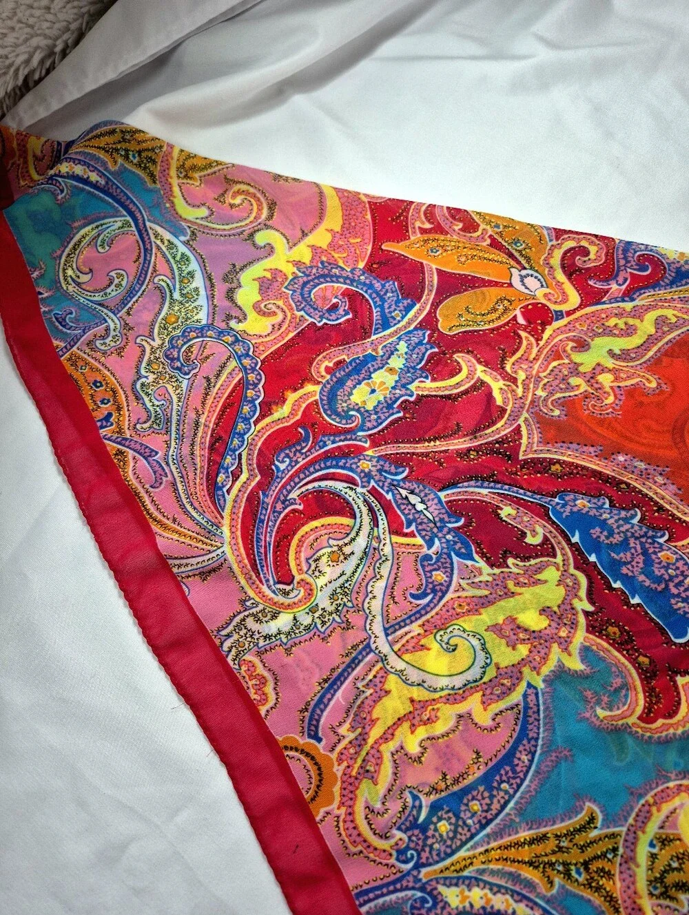 Vibrant Multicolor Paisley Print Silk Square Scarf Magenta Border Beach Chic
